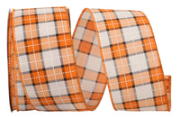 Plaid Print Wired Edge Ribbon Orange White 2-1/2 Inch