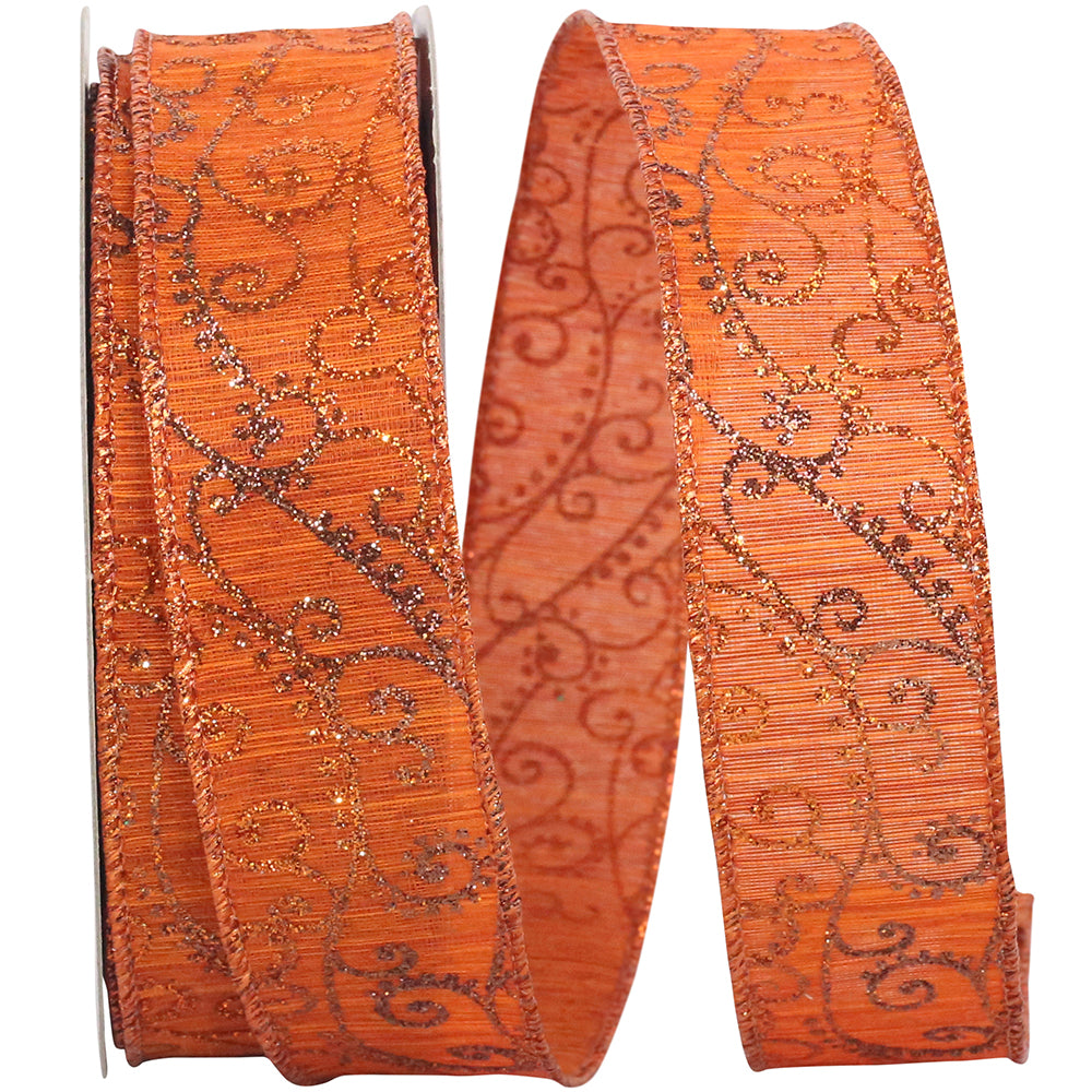Glitter Swirl Orange Touch Wired Edge Ribbon 1-1/2 Inch