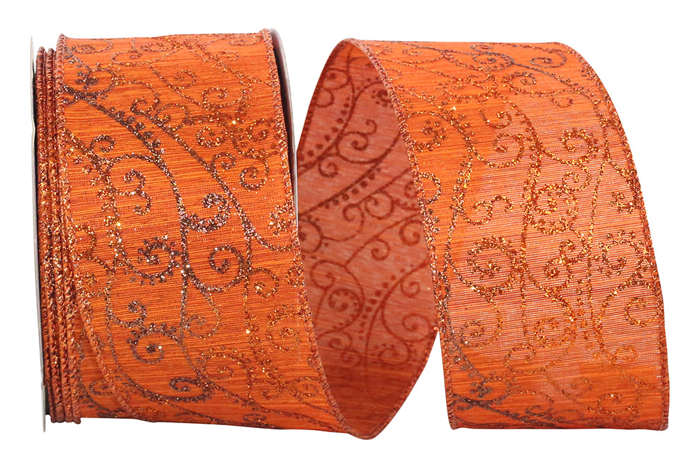 Glitter Swirl Orange Touch Wired Edge Ribbon 2-1/2 Inch