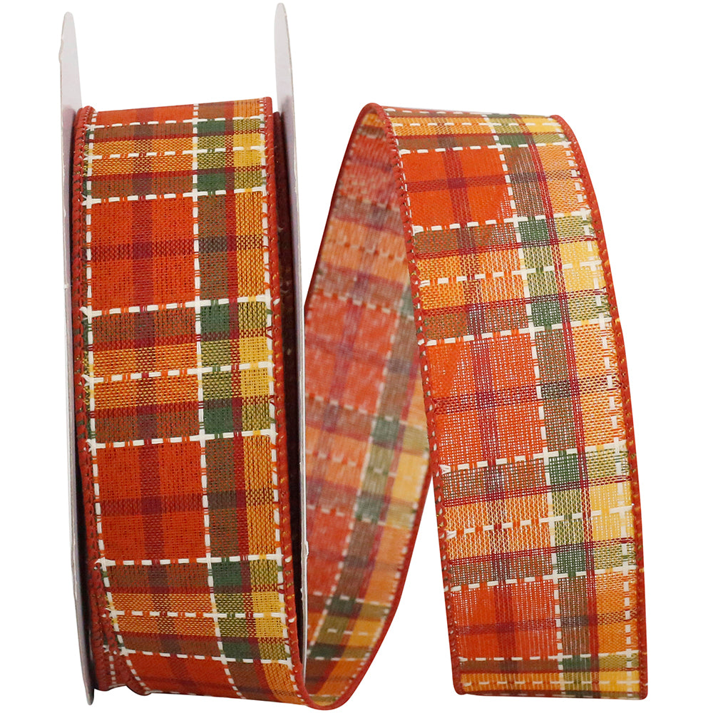 Orange 1-1/2 Inch Wired Edge Plaid Ribbon for Wreaths
