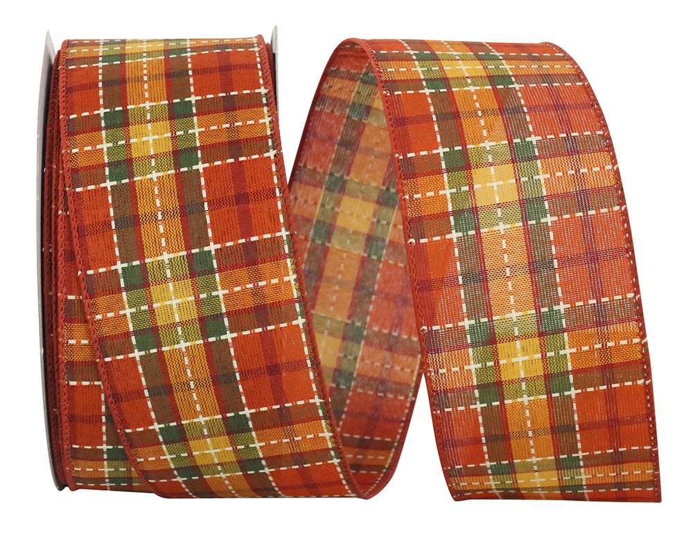 Orange 2-1/2 Inch Wired Edge Plaid Ribbon for Bows
