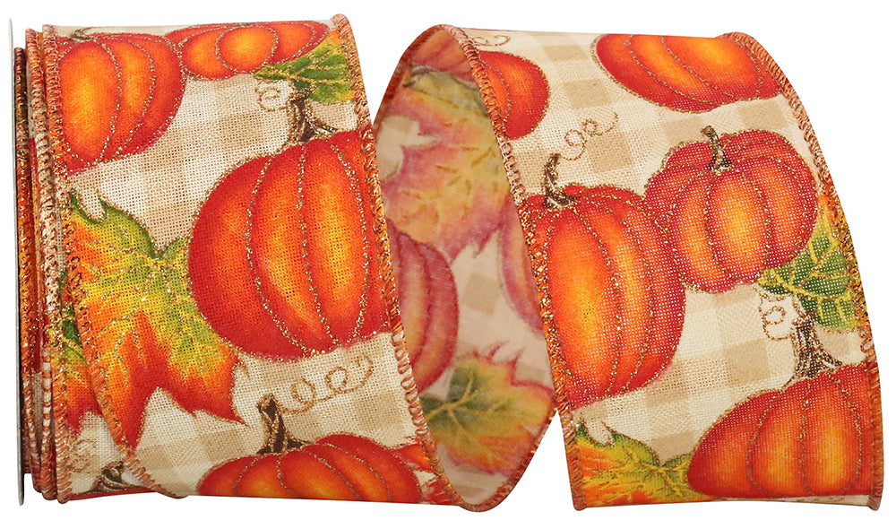 Pumpkin Gingham Check Sparkle Wired Edge Ribbon 2-1/2 Inch