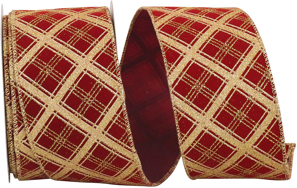 Lattice Glitter Velvet Ribbon Scarlet Gold 2-1/2 Inch