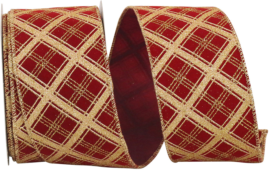 Lattice Glitter Velvet Ribbon Scarlet Gold 2-1/2 Inch