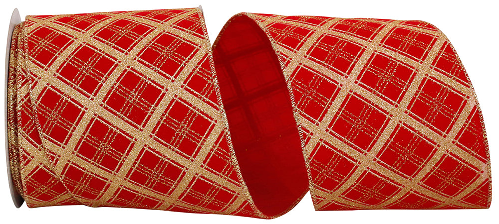 4 Inch Red Gold Glitter Velvet Wired Edge Ribbon