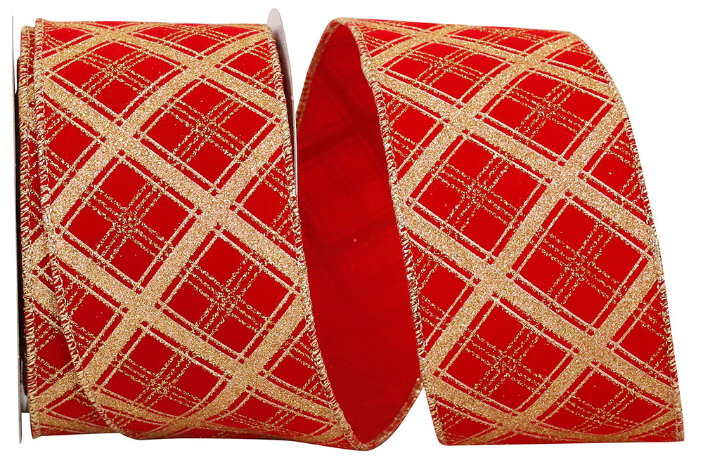 Lattice Glitter Velvet Ribbon Red Gold 2-1/2 Inch