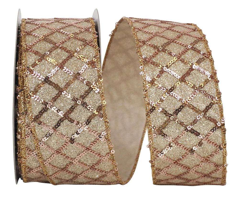 Rose Sequin Glimmer Lattice Wired Edge Ribbon 2-1/2 Inch