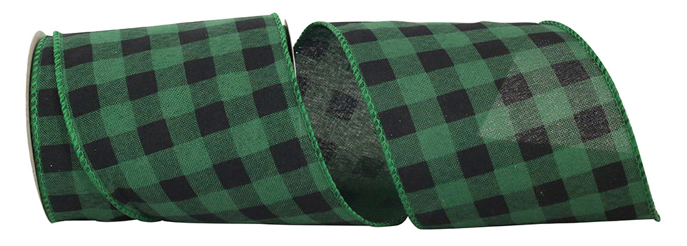 Green Black 4 Inch Wired Edge Buffalo Check Ribbon