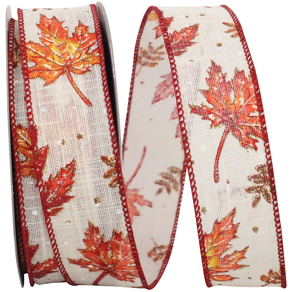 Ivory 1-1/2 Inch Wired Edge Leaf Glitter Ribbon