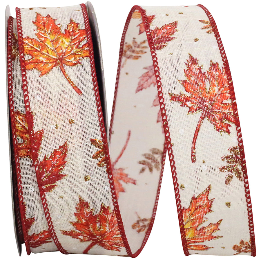 Ivory 1-1/2 Inch Wired Edge Leaf Glitter Ribbon