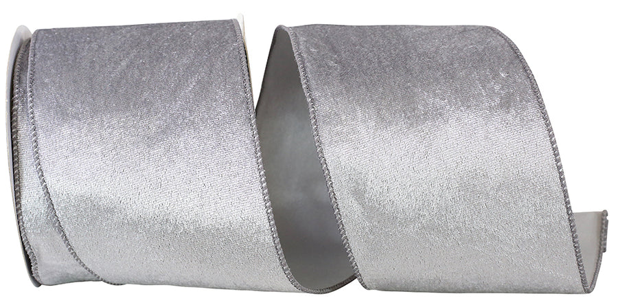 Silver 4 Inch Velvet Plush Lite Wired Edge Ribbon for Wreaths & Bows