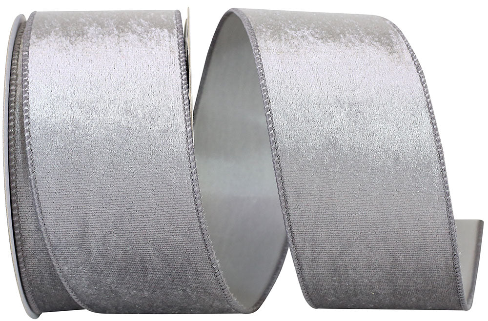Silver 2-1 2 Inch Velvet Plush Lite Wired Edge Ribbon for Wreaths & Bows