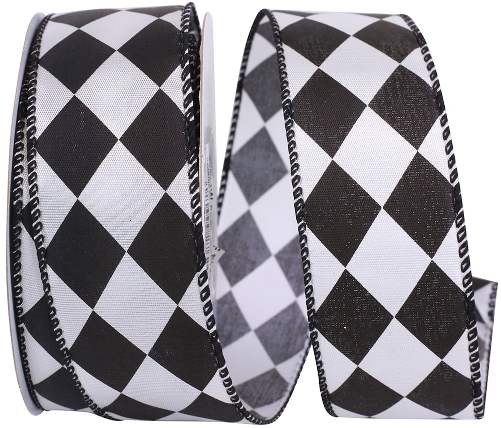 Black White 1-1 2 Inch Diamond Dan Black & White Wired Edge Ribbon for Wreaths & Bows