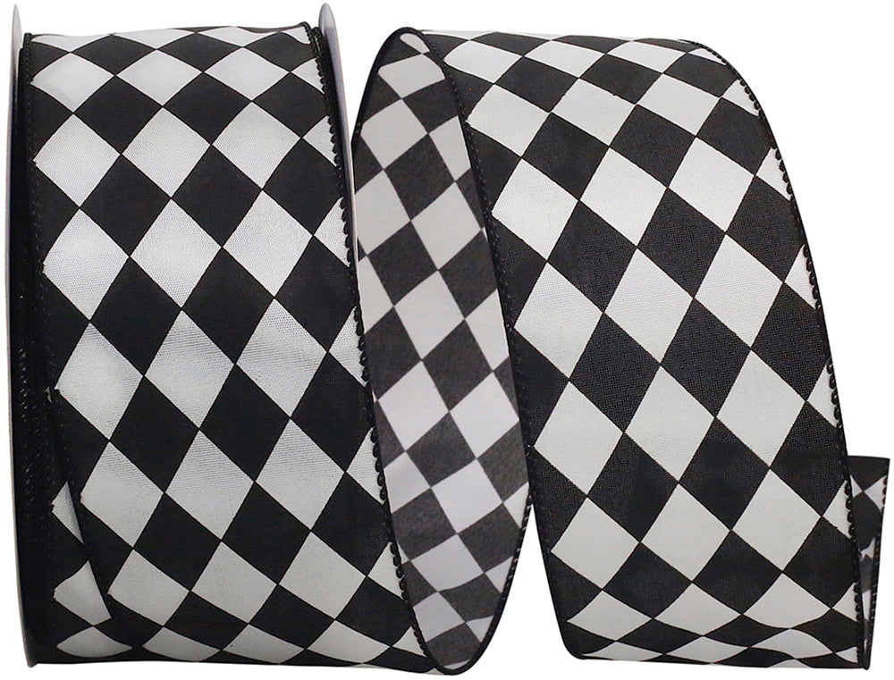 Black White 2-1 2 Inch Diamond Dan Black & White Wired Edge Ribbon for Wreaths & Bows