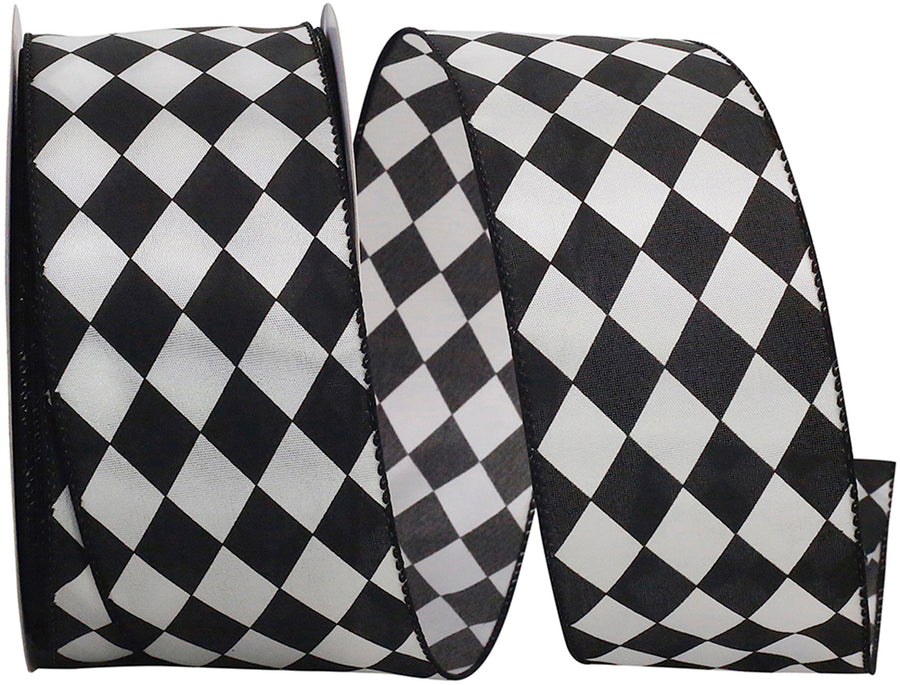 Black White 2-1 2 Inch Diamond Dan Black & White Wired Edge Ribbon for Wreaths & Bows