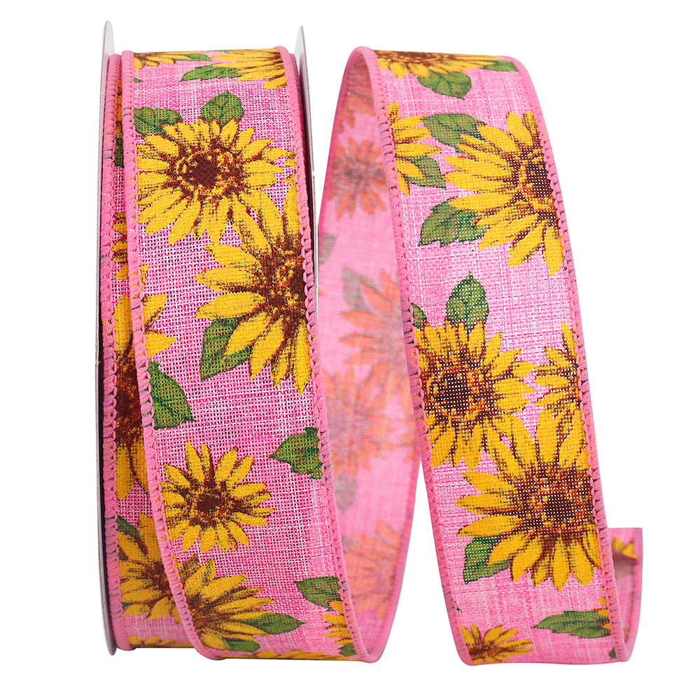 Pink 1-1 2 Inch Sunflowers All Around Linen Wired Edge Ribbon for Wreaths & Bows