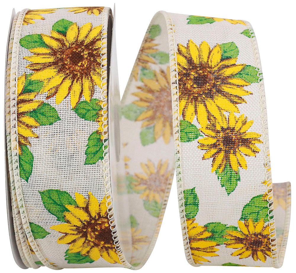 Sunflowers All Around Linen Wired Edge Ribbon Natural Yellow 1-1/2 Inch