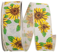 Sunflowers All Around Linen Wired Edge Ribbon Natural Yellow 1-1/2 Inch