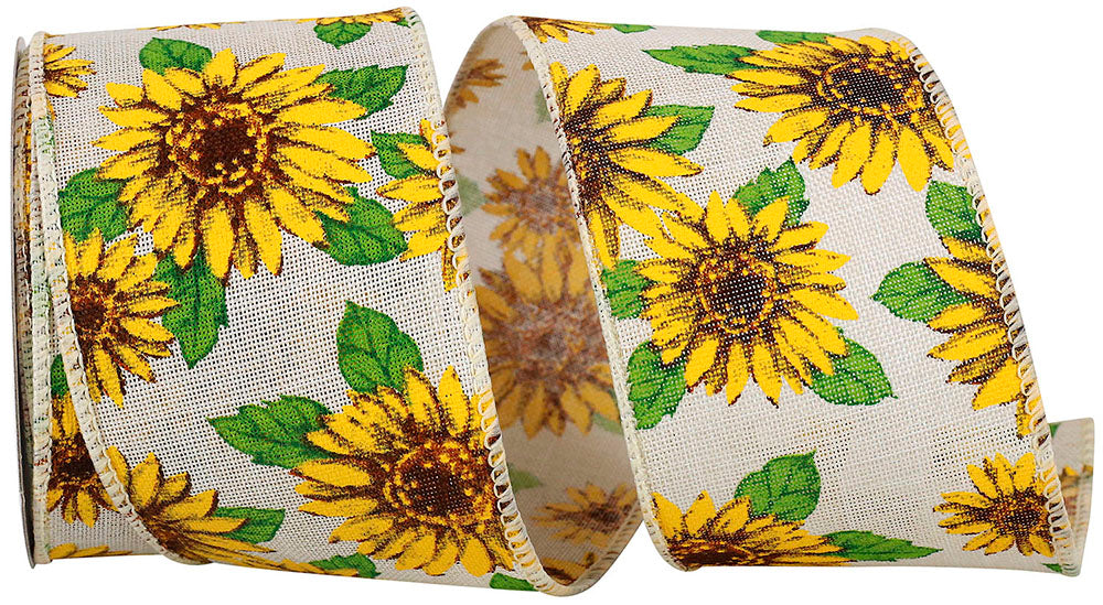 Sunflowers Linen Wired Edge Ribbon Natural Yellow 2-1/2 Inch