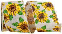 Sunflowers Linen Wired Edge Ribbon Natural Yellow 2-1/2 Inch