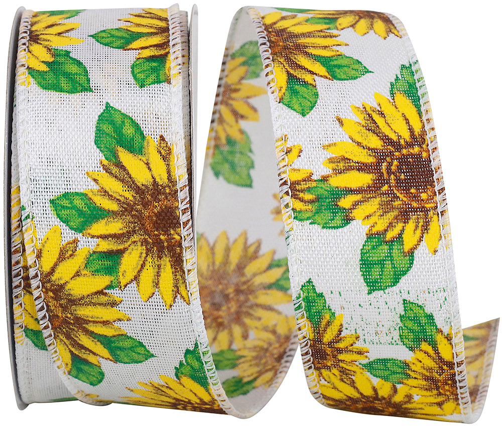 White Yellow 1-1 2 Inch Sunflowers All Around Linen Wired Edge Ribbon for Wreaths & Bows