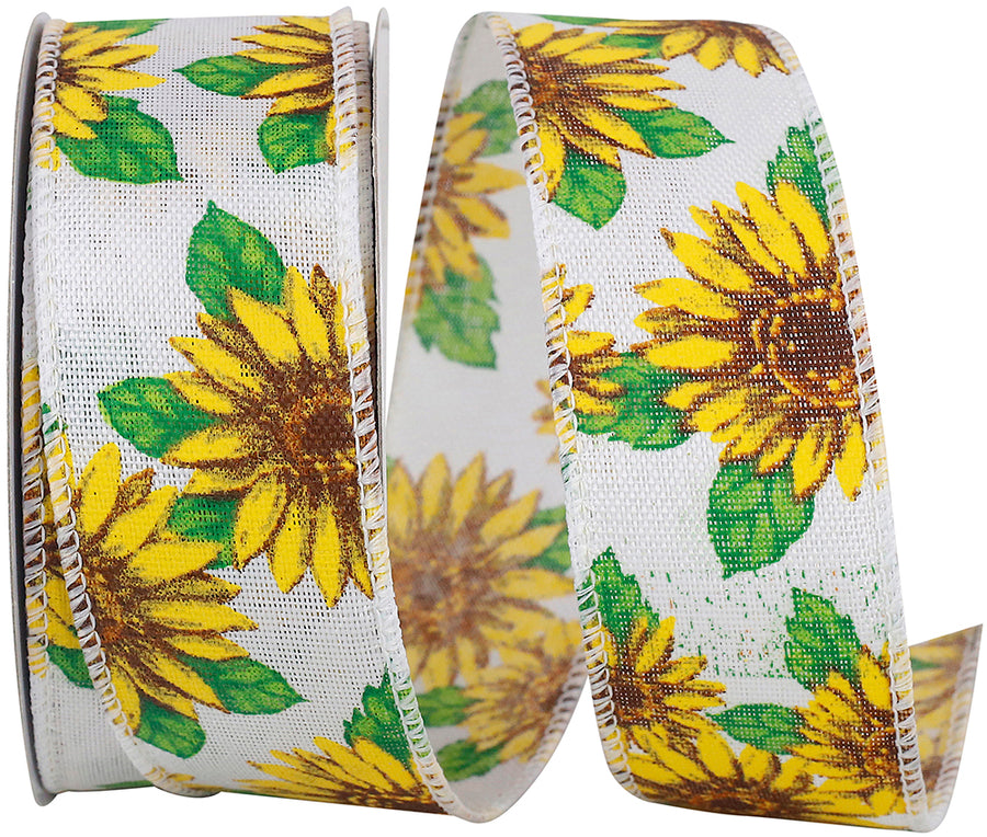 White Yellow 1-1 2 Inch Sunflowers All Around Linen Wired Edge Ribbon for Wreaths & Bows