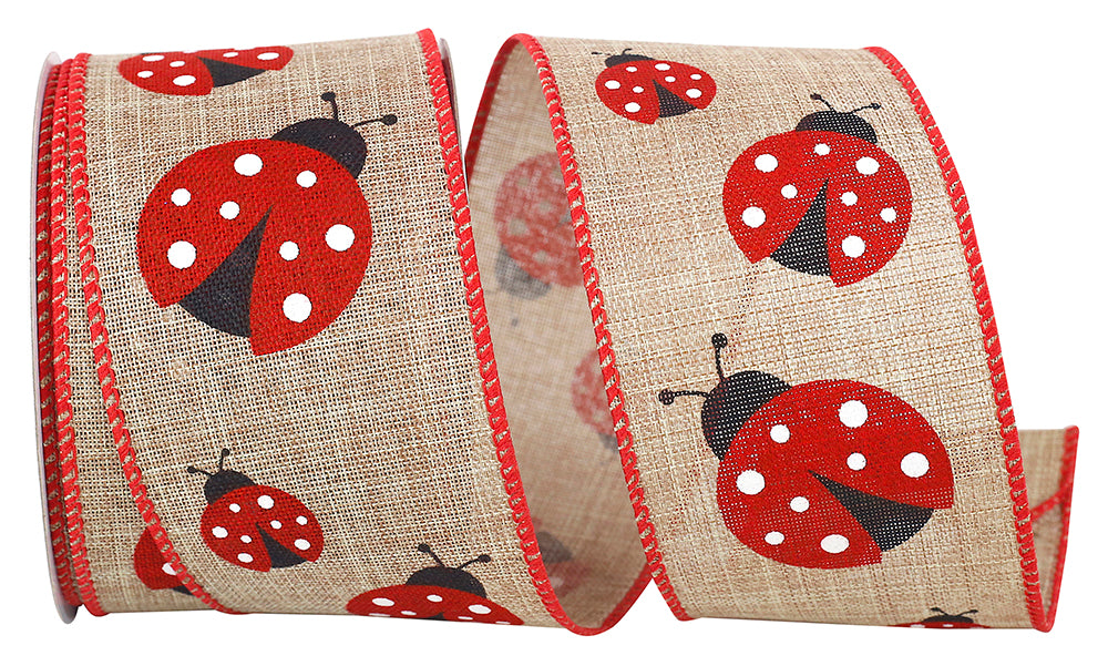Natural 2-1 2 Inch Ladybug Linen Natural Wired Edge Ribbon for Wreaths & Bows