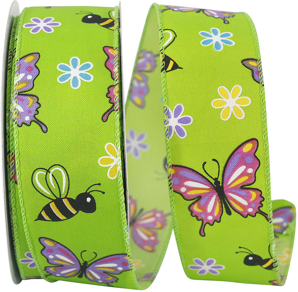 Green 1-1 2 Inch Butterfly And Bees Bright Wired Edge Ribbon for Wreaths & Bows