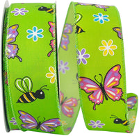 Green 1-1 2 Inch Butterfly And Bees Bright Wired Edge Ribbon for Wreaths & Bows