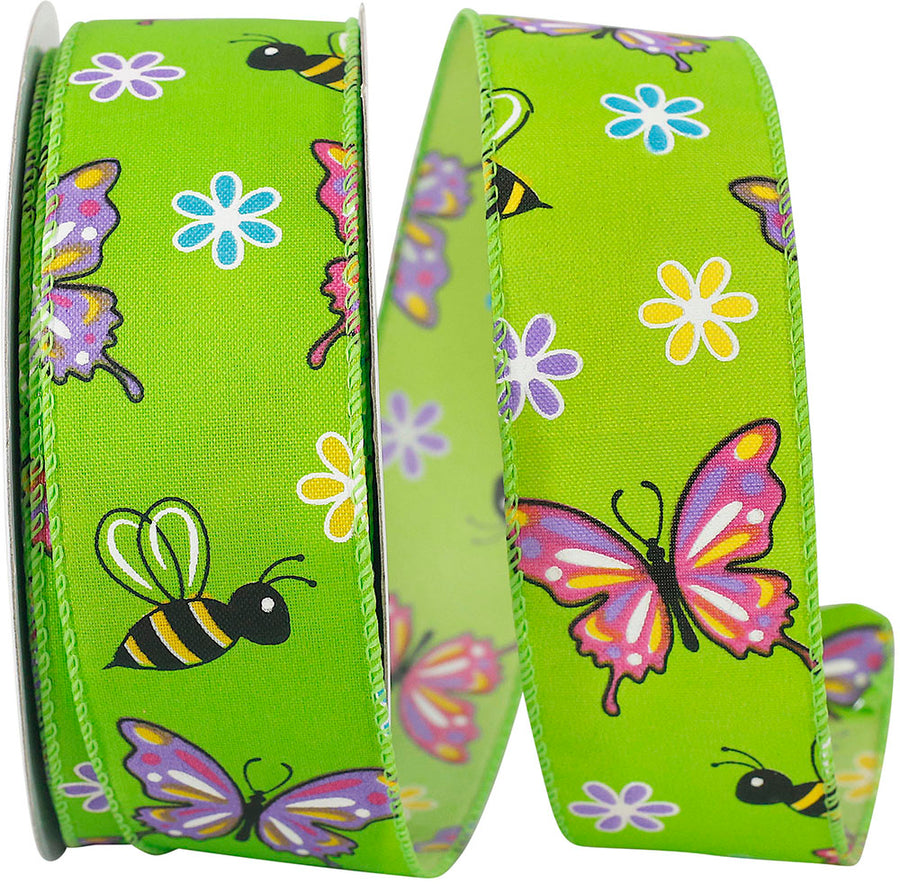 Green 1-1 2 Inch Butterfly And Bees Bright Wired Edge Ribbon for Wreaths & Bows