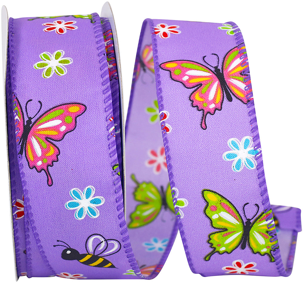 Purple 1-1 2 Inch Butterfly And Bees Bright Wired Edge Ribbon for Wreaths & Bows