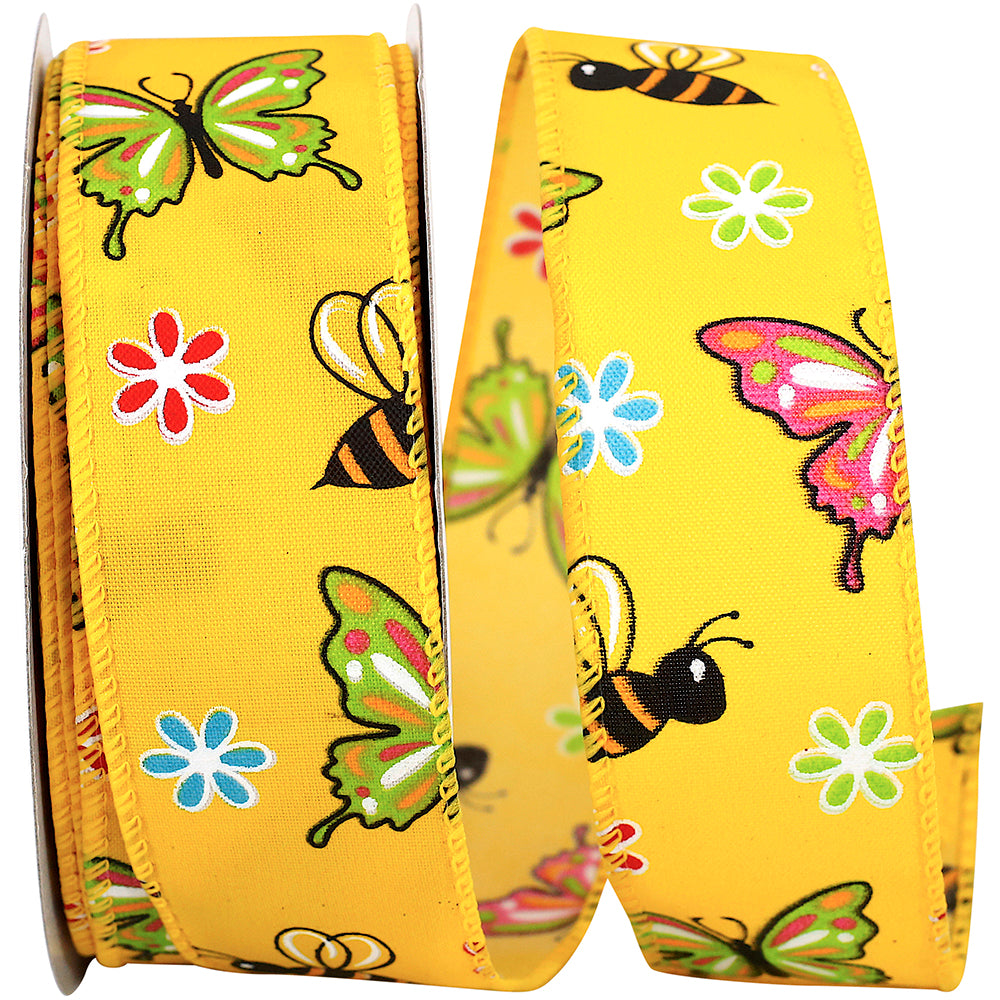 Yellow 1-1 2 Inch Butterfly And Bees Bright Wired Edge Ribbon for Wreaths & Bows