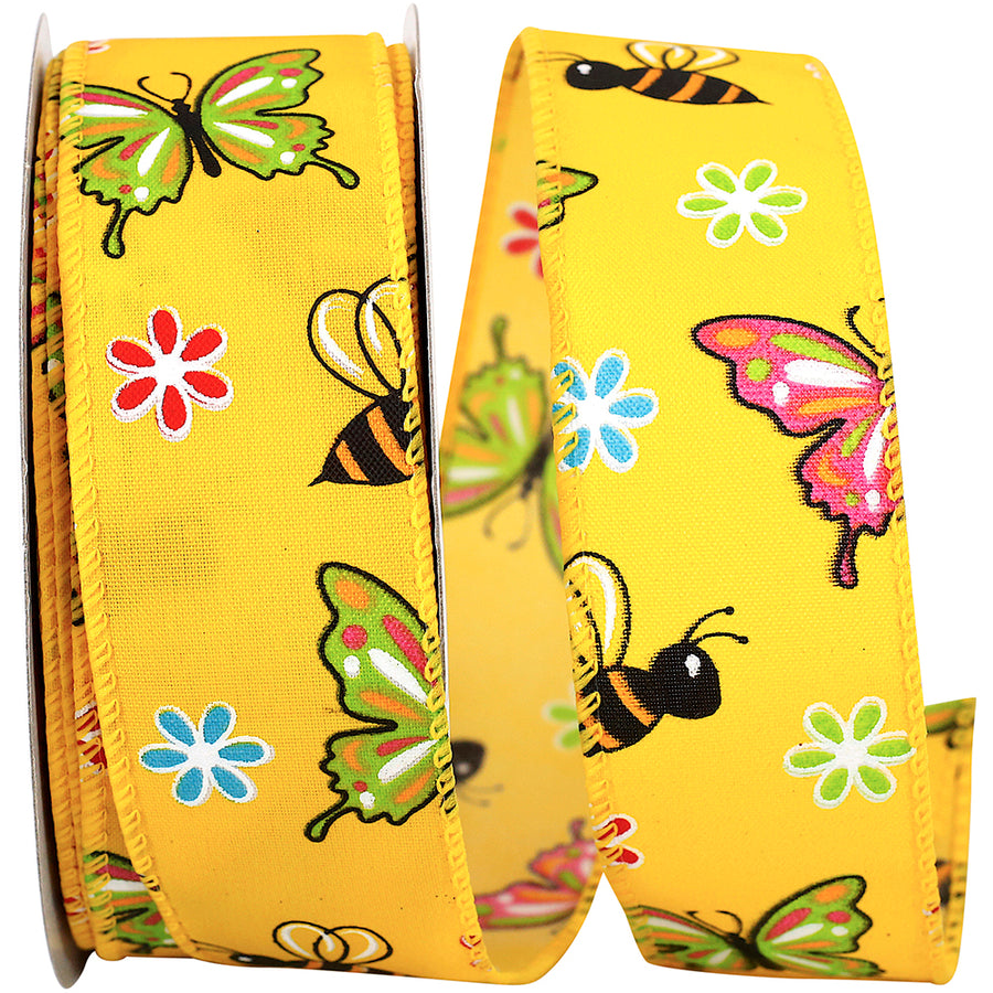 Yellow 1-1 2 Inch Butterfly And Bees Bright Wired Edge Ribbon for Wreaths & Bows