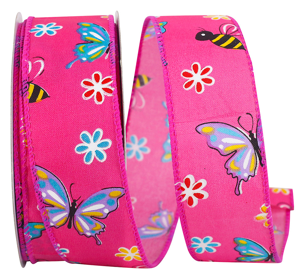 Fuchsia 1-1 2 Inch Butterfly And Bees Bright Wired Edge Ribbon for Wreaths & Bows