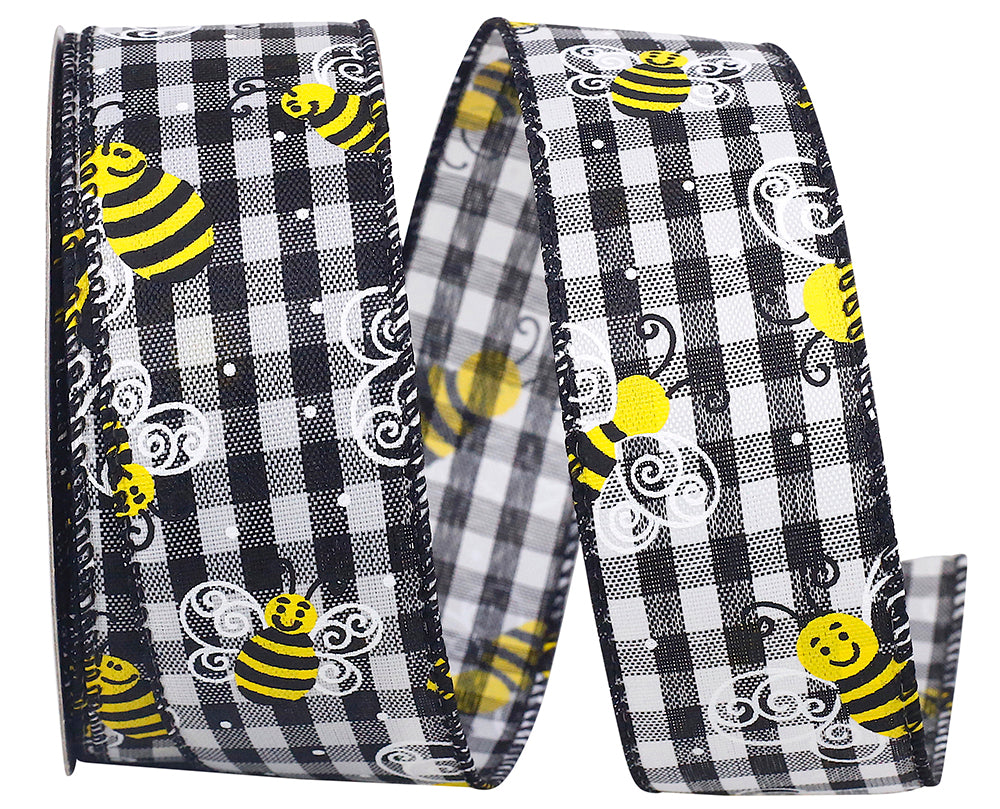 Bumble Bee Gingham Check Wired Edge Ribbon Black White 1-1/2 Inch