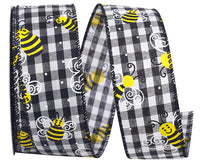 Bumble Bee Gingham Check Wired Edge Ribbon Black White 1-1/2 Inch