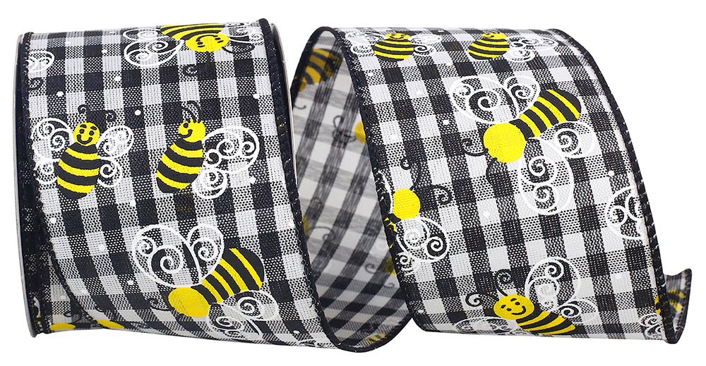 Bumble Bee Gingham Check Ribbon Black White 2-1/2 Inch