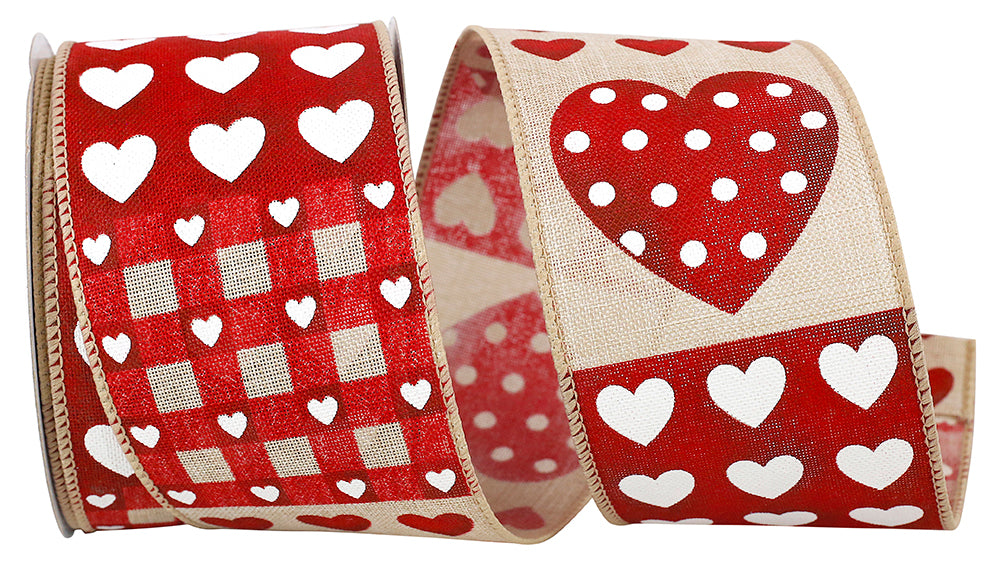 Hearts Patchwork Wired Edge Ribbon Red Natural 2-1/2 Inch