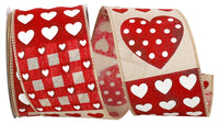 Hearts Patchwork Wired Edge Ribbon Red Natural 2-1/2 Inch