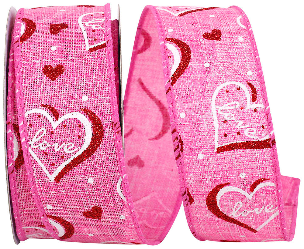 1-1/2 Inch Pink Red Love Heartbeat Glitter Ribbon