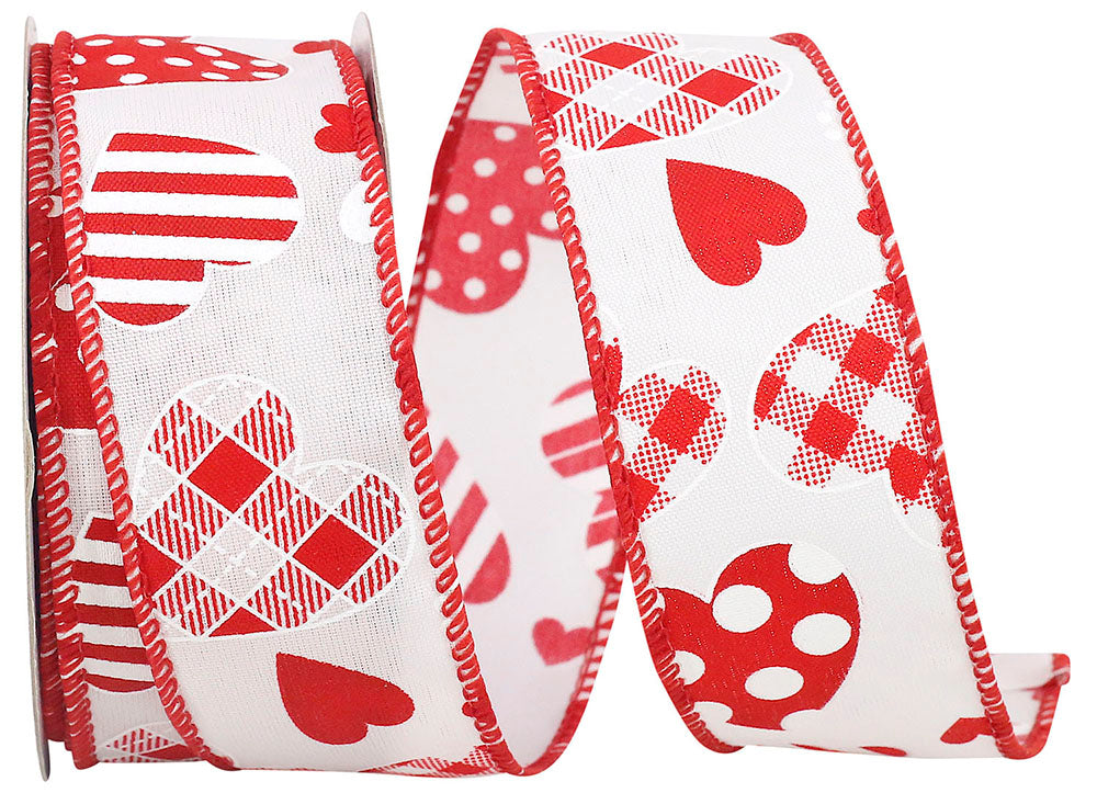 Red White 1-1 2 Inch Hearts Designs Galore Wired Edge Ribbon for Wreaths & Bows
