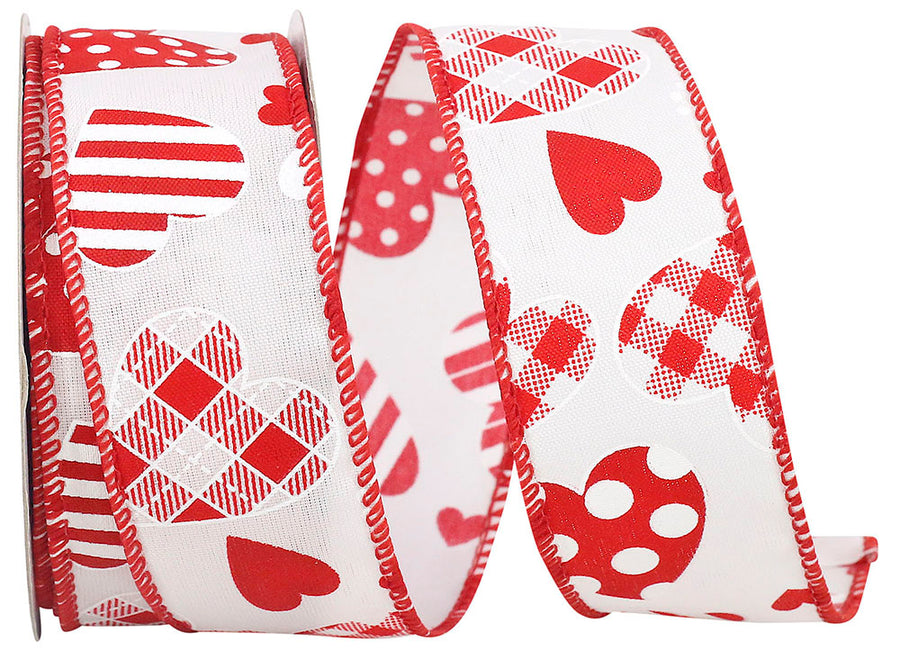 Red White 1-1 2 Inch Hearts Designs Galore Wired Edge Ribbon for Wreaths & Bows