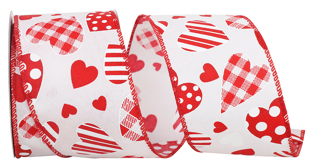 Red White 2-1 2 Inch Hearts Designs Galore Wired Edge Ribbon for Wreaths & Bows