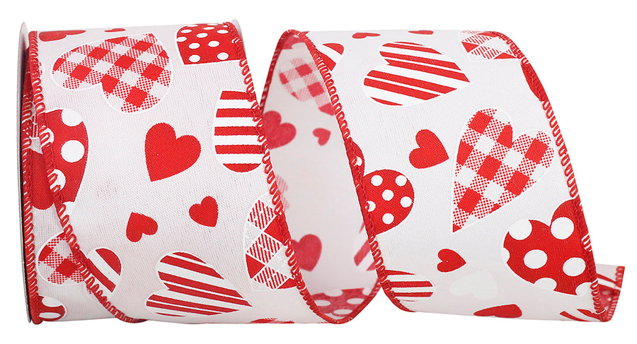 Red White 2-1 2 Inch Hearts Designs Galore Wired Edge Ribbon for Wreaths & Bows