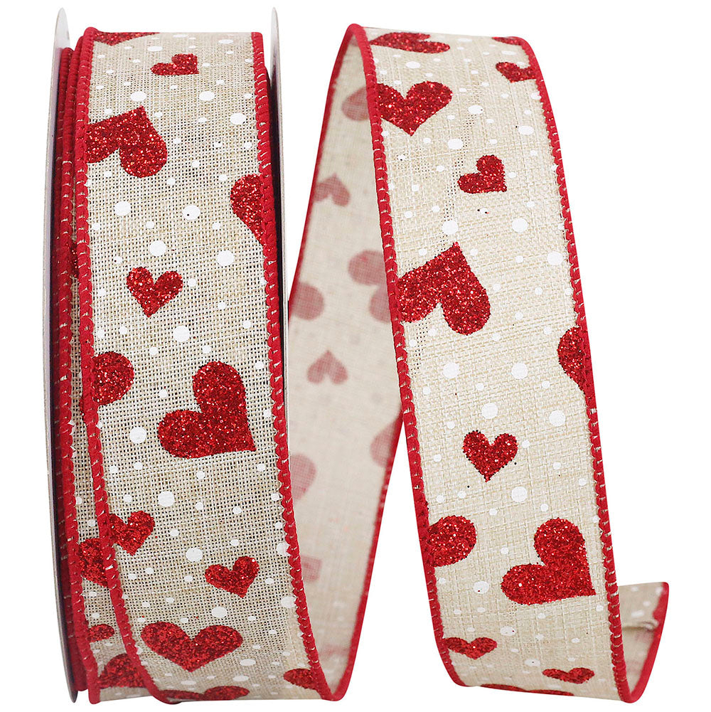 Heart Glitter Dots Linen Ribbon Natural Red 1-1/2 Inch
