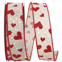 Heart Glitter Dots Linen Ribbon Natural Red 1-1/2 Inch