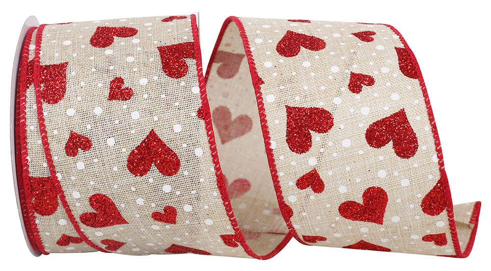 Heart Glitter & Dots Linen Wired Edge Ribbon Natural Red 2-1/2 Inch