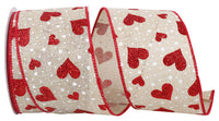 Heart Glitter & Dots Linen Wired Edge Ribbon Natural Red 2-1/2 Inch
