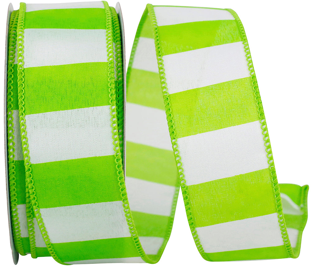 Green White 1-1 2 Inch Cabana Stripe Bright Wired Edge Ribbon for Wreaths & Bows