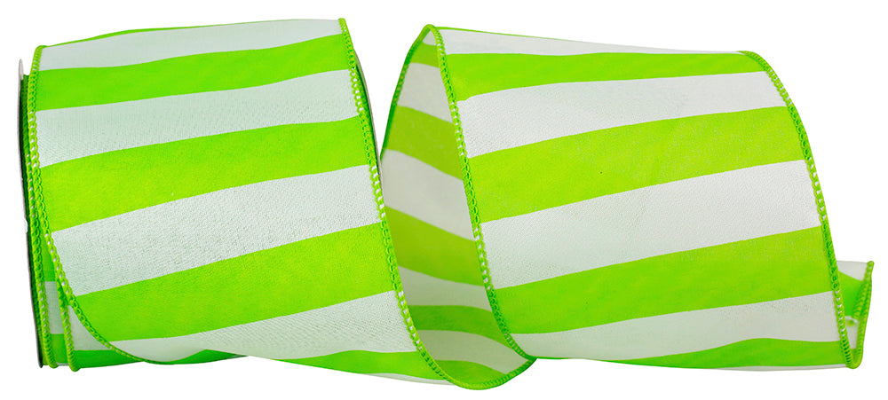 Green White 4 Inch Cabana Stripe Bright Wired Edge Ribbon for Wreaths & Bows